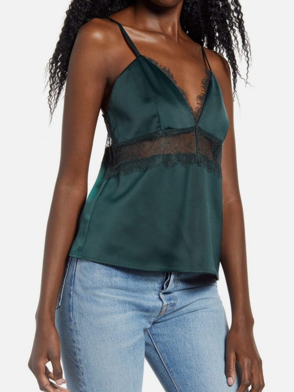 Wayf Silky Lace-Trim Cami Top in Deep Green size medium